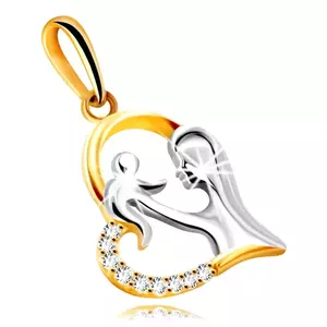 Pandantiv cu diamant realizat din aur combinat de 14K - inimă cu mama ținând copilul pe mâini, diamante imagine