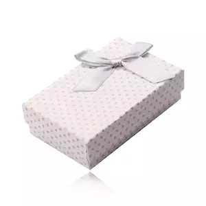 Cutie dreptunghiulară pentru cercei, colier și inele, suprafață albă, puncte gri și funda imagine