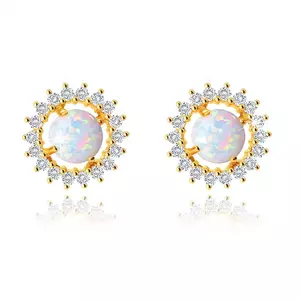 Cercei din aur galben de 9K, floare, opal sintetic alb, zirconii transparente imagine
