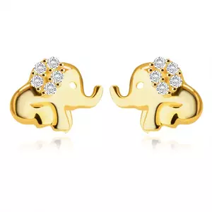 Cercei din aur galben de 9K – un elefant așezat, cu trompă și cu urechea împodobită cu un zirconiu rotund imagine