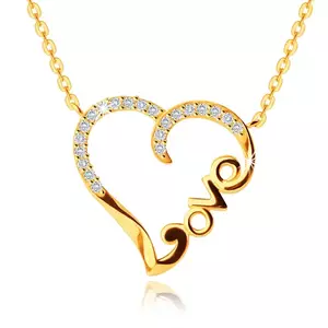 Colier din aur galben de 9K - panglică rulată într-o inimă, inscripția „Love”, zirconii transparente imagine