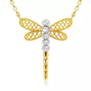 Pandantiv din aur combinat de 14K - libelula cu aripi tip plasă, zirconii transparente imagine