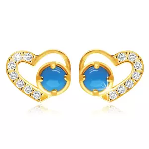 Cercei din aur galben 375 - inimă simetrică cu zirconii clare și turquoise imagine