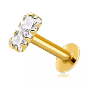 Piercing pentru buză și bărbie din aur galben 375 - două zirconii transparente, pătrate, 2 mm imagine