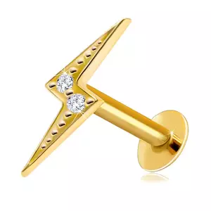 Piercing pentru buză și bărbie din aur galben de 9K - motiv fulger, zirconii transparente, suprafață perforată imagine