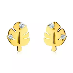 Cercei din aur de 9K - frunză de Monstera strălucitoare cu crestături și tulpină, două diamante strălucitoare, transparente imagine