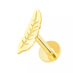 Piercing pentru bărbie și buză din aur galben de 9K – labret cu o pană de pasăre imagine