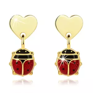 Cercei din aur galben de 14K – inimă plată, buburuză micuță cu aripi roșii imagine