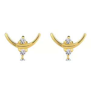 Cercei din aur galben de 14K - curbă cu diamante rotunde într-un coș cu trei vârfuri imagine