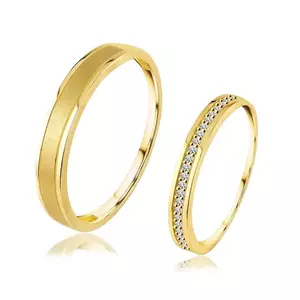 Verighete din aur galben de 14K - de damă cu zirconii clare, de bărbați cu bandă mată - Marime inel: 49 imagine
