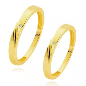 Verighete din aur de 14K - crestături diagonale, zircon transparent într-o adâncitură - Marime inel: 49 imagine