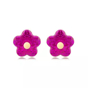 Cercei din aur galben de 9K - flori fuchsia cu sclipici, glazură transparentă imagine