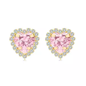 Cercei din aur galben de 9K - inimă cu zircon roz, margine cu zircon transparent imagine