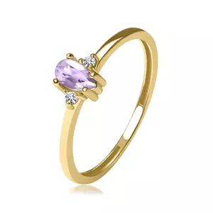Inel din aur galben de 14K - două briliante clare, lacrimă de ametist violet - Marime inel: 47 imagine