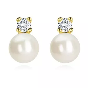 Cercei din aur de 14K cu o perlă sintetică rotundă și zircon clar imagine