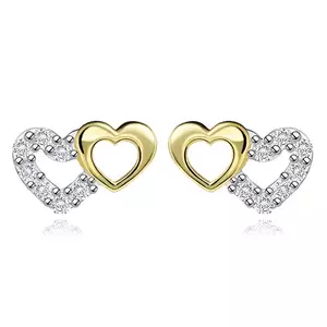 Cercei din aur 14K două inimi în combinație cu zirconii cubice imagine