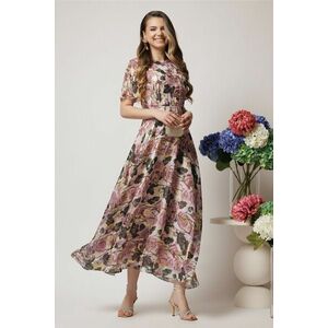 Rochie DY Fashion eleganta din voal bej cu imprimeuri florale roz si fir lurex imagine