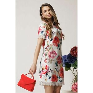 Rochie de zi din stofa alba cu trandafiri roz si dantela imagine