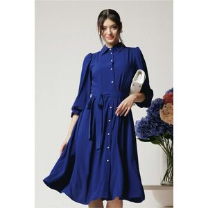Rochie Dy Fashion office din triplu voal albastra cu nasturi si cordon in talie imagine
