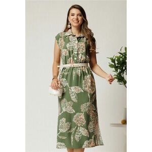Rochie midi kaki cu imprimeu roz din tencel cu elastic si curea in talie imagine