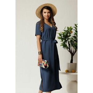 Rochie midi bleumarin din tencel cu croi drept si cordon in talie imagine