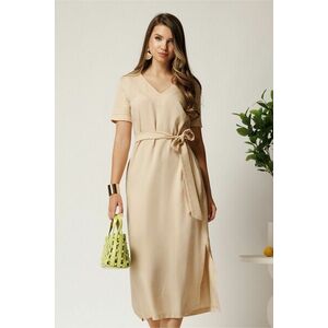 Rochie midi bej din tencel cu croi drept si cordon in talie imagine