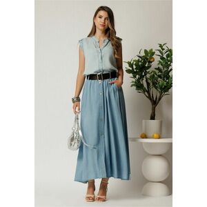 Fusta midi albastra din denim in clos cu nasturi si curea imagine