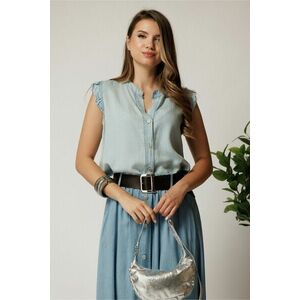 Bluza bleu din denim cu nasturi si nod la baza imagine