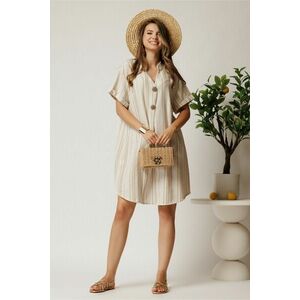 Rochie ivory cu dungi bej din material fluid cu adaos de bumbac si in imagine