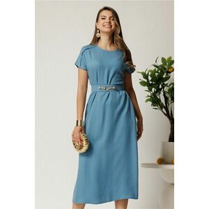 Rochie midi bleu din tencel cu croi evazat si curea in talie imagine