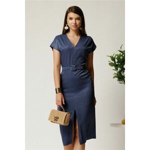 Rochie midi bleumarin din viscoza cu aspect sidefat si curea in talie imagine