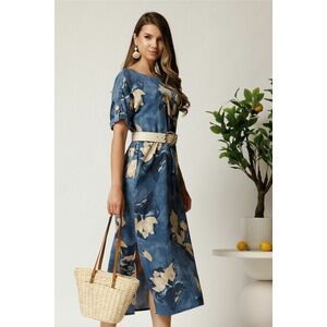 Rochie midi albastra din tencel cu imprimeu bej si curea in taliea imagine