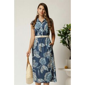 Rochie midi bleumarin cu imprimeu bleu din tencel cu elastic si curea in talie imagine