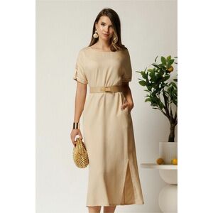 Rochie midi bej din tencel croi drept si curea in talie imagine