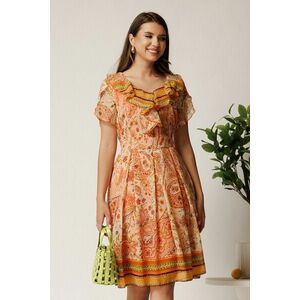 Rochie midi portocalie din voal in clos cu imprimeuri imagine