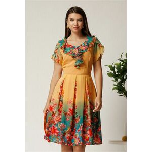 Rochie midi galbena si turcoaz in degradee din voal in clos cu imprimeu floral roz imagine