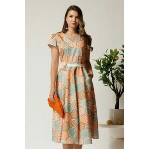 Rochie midi portocalie din bumbac in clos cu imprimeu geometric turcoaz si cordon in talie imagine