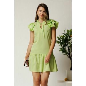 Rochie scurta verde lime din triplu voal cu croi cambrat si volan la baza imagine