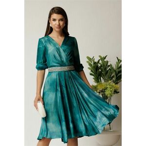 Rochie Julia midi turcoaz din satin in clos cu aspect sidefat si cordon cu strasuri imagine