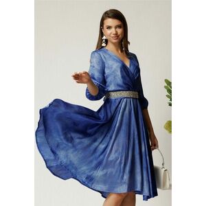 Rochie Julia midi albastra din satin in clos cu aspect sidefat si cordon cu strasuri imagine