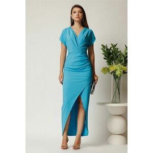 Rochie lunga bleu din stofa cu fronseu si crapatura pe fusta imagine