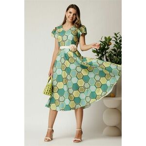 Rochie midi verde din bumbac in clos cu imprimeu geometric lime si cordon in talie imagine