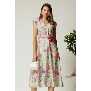 Rochie midi roz din viscoza cu imprimeuri verzi in clos cu floare in talie imagine
