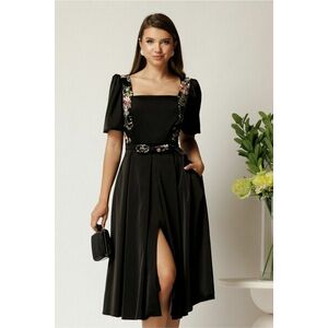 Rochie Valeria midi neagra din satin cu broderie florala si paiete la bust imagine