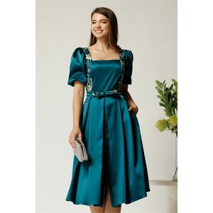 Rochie Valeria midi turcoaz din satin cu broderie florala si paiete la bust imagine
