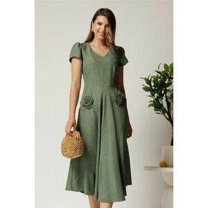 Rochie midi kaki din material fluid in clos cu trandafiri pe buzunare imagine