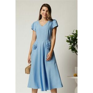 Rochie midi bleu din material fluid in clos cu trandafiri pe buzunare imagine