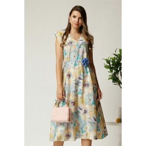 Rochie midi bleu din viscoza cu imprimeuri galbene in clos cu floare in talie imagine