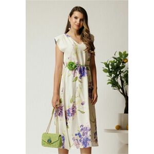Rochie midi alba din viscoza cu imprimeuri mov in clos cu floare in talie imagine