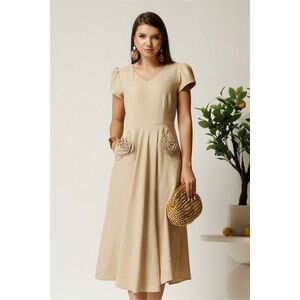Rochie midi bej din material fluid in clos cu trandafiri pe buzunare imagine